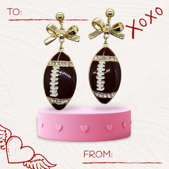 Rhinestone Football Earrings Women's Brown Enamel Gold Dangle Jewelry Pierced - Picture 5 of 7